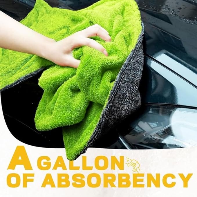1200GSM Microfiber Car Drying Towel, Double-Twist Loop, Ultra-Absorbent, Quick-Dry, Lint- & Streak-Free, Scratch-Safe, for Car Wash & Detailing (1 Pack) (Dark Grey & Green, 16" x 24")