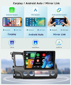 8 CORE 6G+128G Car Stereo Radio for Honda Civic 2006-2011 with Wireless CarPlay Android Auto, 10.1 Inch 1280 * 720P IPS Touch Screen Head Unit Android 13 GPS WiFi Bluetooth 32-Band DSP SWC HD Camera