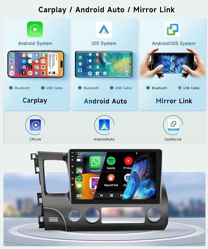 8 CORE 6G+128G Car Stereo Radio for Honda Civic 2006-2011 with Wireless CarPlay Android Auto, 10.1 Inch 1280 * 720P IPS Touch Screen Head Unit Android 13 GPS WiFi Bluetooth 32-Band DSP SWC HD Camera