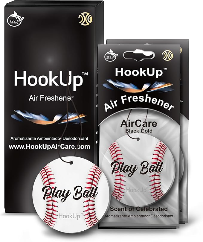 Baseball Car Air Freshener by HookUp - 2 Pack - Black Gold Scent (Extra Strong) | Unique Baseball Gift for Players, Coach, Fans | Hanging Car Accessory with Long Lasting Fresheners Smell