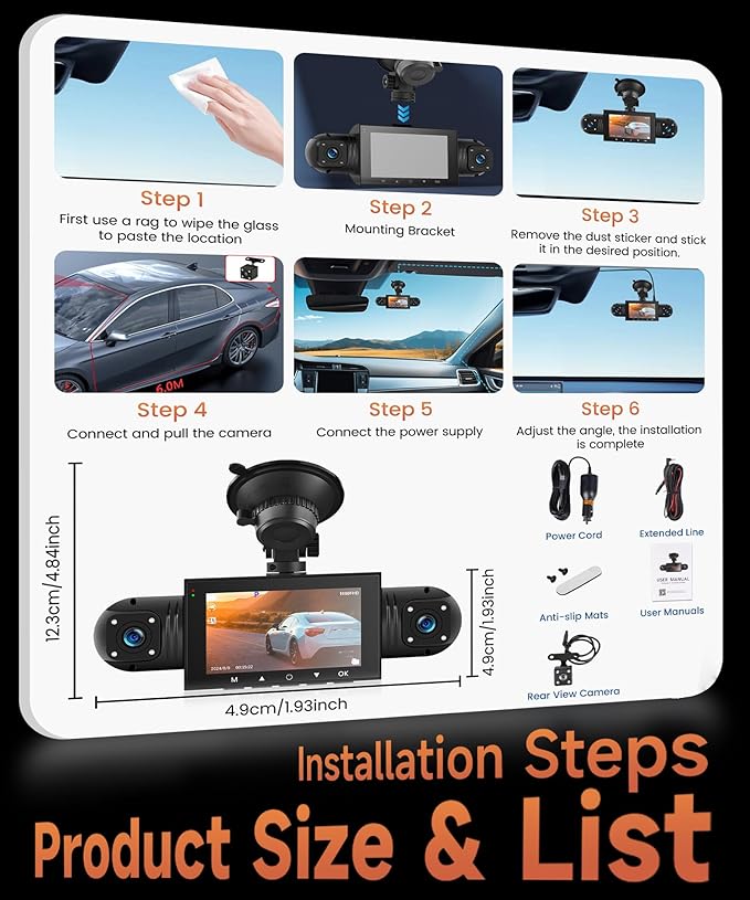 360 Degree View 4 Channel Dash Cam Front and Rear Inside Left Right, Dash Camera for Cars, Built-in Night Vision, 24/7 Recording Parking Mode Monitor