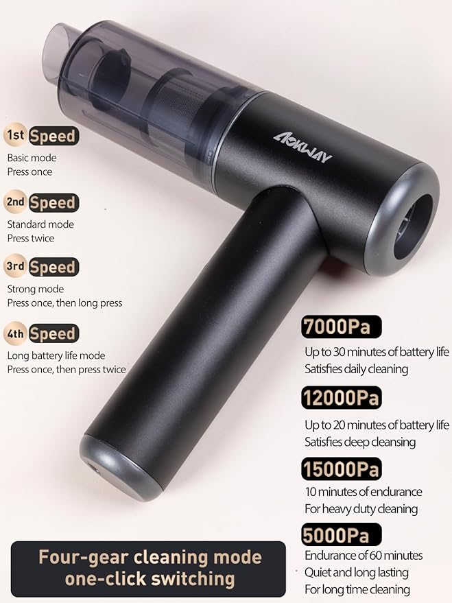 aokway Car Vacuum Portable Cordless 15000PA Powerful Suction, 7500mAh, 4-in-1, High Power Mini Vacuum Cleaner for Car, Home, PC, Keyboard, Desk Cleaning Small Handheld Rechargeable (Black)