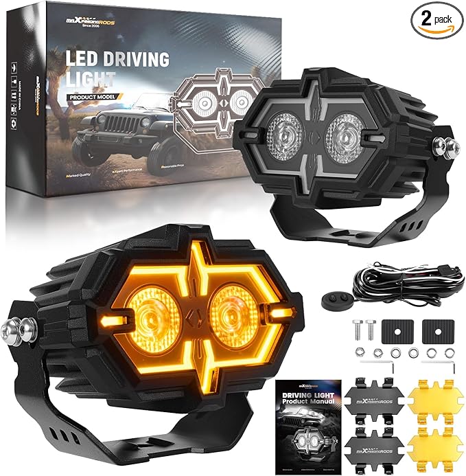 maXpeedingrods 108W 4.5 Inch LED Offroad Light Pod Combo Beam, Amber/White DRL & Multi-Mode Driving Lights,Waterproof with Heat Dissipation, Remote Control Plug and Play for Truck ATV Jeep Ford,Pair