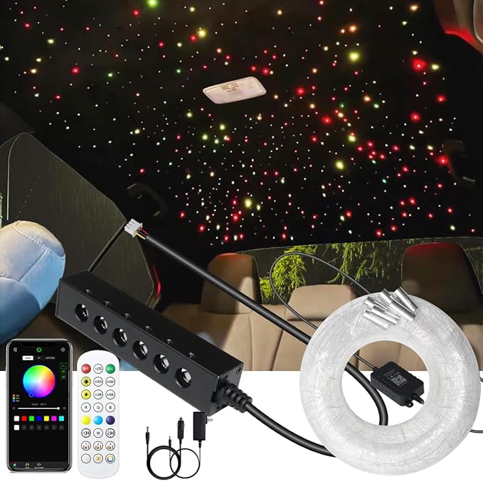 AZIMOM 6LED Colorful Fiber Optic Starlight Headliner Kits 360pcs*0.03in*9.8ft Fiber Strands APP& Remote Control Mix Color Chase Timing Fiber Optic Star Light for Car Home Sky Star Decoration