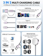 1Pack Multi Charging Cable Cord for Travel Essentials,Apple Watch Charger,iPhone Charger,[3-in-2] Type C/L Cable Portable Designed for iWatch,iPhone 17-8,Galaxy S25-21,AirPods,iPad-4FT Gray