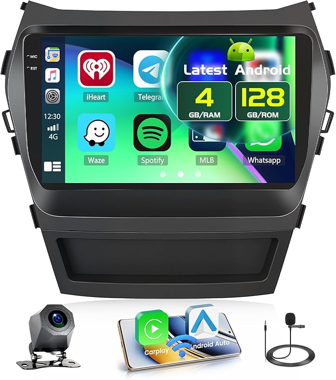 4+128GB Android 15 Car Stereo for Hyundai Santa Fe 2013-2017 Wireless Carplay Android Auto, 9 Inch Incell Touch Screen Car Stereo with GPS, Backup Camera, Bluetooth, FM/RDS, EQ, WiFi, SWC