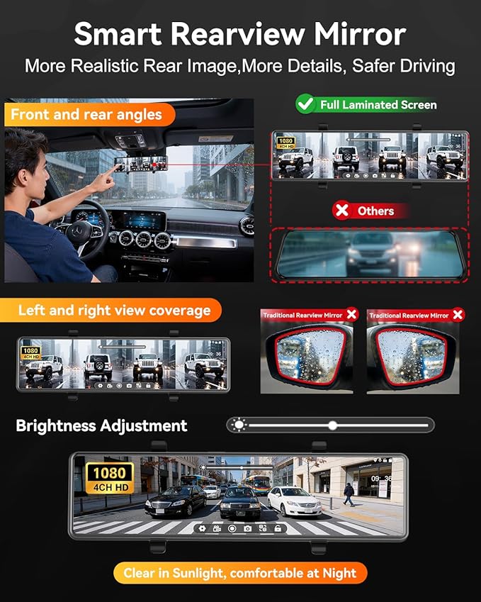 Rear View Mirror Camera,4 Channel Mirror Dash Cam Front and Rear Inside,12" Touch Screen Dash Cam, Backup Camera for Car, 7/24 Parking Monitor,Included Free 128GB SD Card