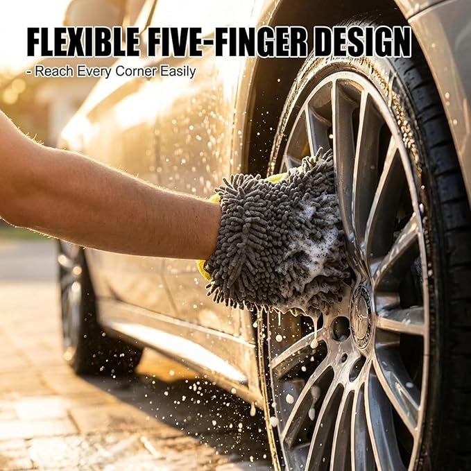 Microfiber Wash Mitt, 2-Pack Car Wash Gloves with 5-Finger Design, Scratch Free Chenille Wash Mitts for Car Washing, Ultra-Soft Detailing Kit for Wheel Tight Spot