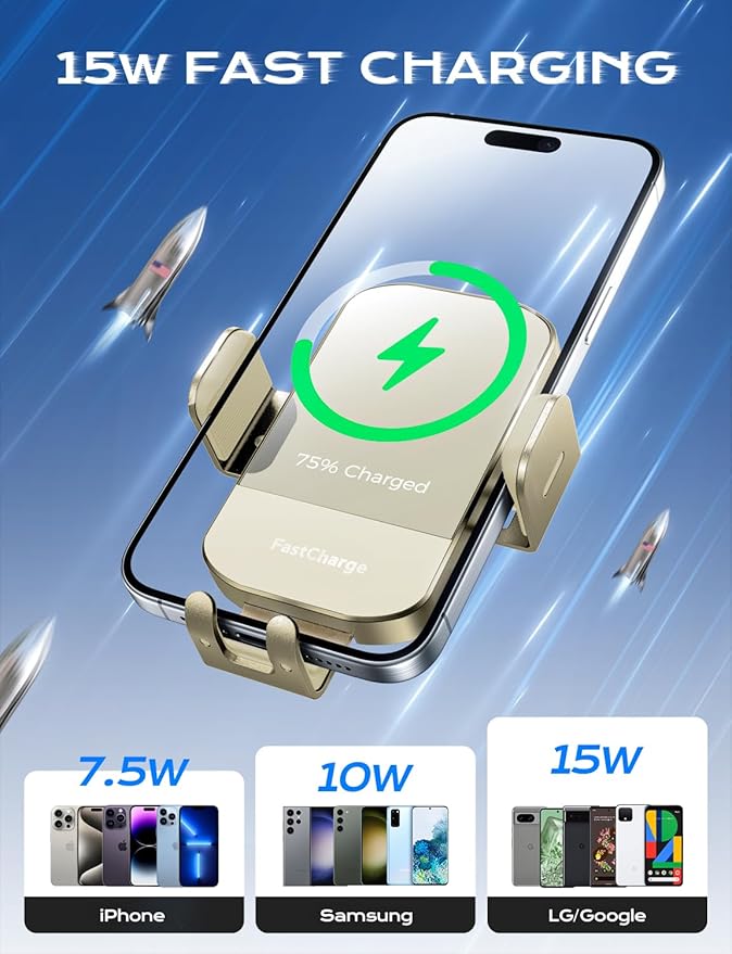 CHGeek Wireless Car Charger, 15W Fast Charging Auto Clamping Car Charger Phone Mount Phone Holder fit for iPhone 15 14 13 12 11 Pro Max Xs, Samsung Galaxy S24 Ultra S23 S22 S21, S20, S10+, Khaki