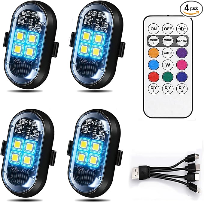 Upgraded 4-lamp high-Brightness 4-Group Wireless LED Warning Strobe Lights |8 Colors, Waterproof Lights with Remote Control| Wireless led Strobe Lights for Cars, Motorcycles, Bicycles and Drones (4)