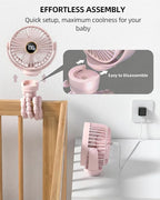 Portable Stroller Mini Fan, Small Rechargeable Personal Cooler w/ 360° Rotation, 3-Speed, Display, Battery Powered Stroller Accessories, Baby Essentials for Car Seat, Crib, Bike, Treadmill, Sakura