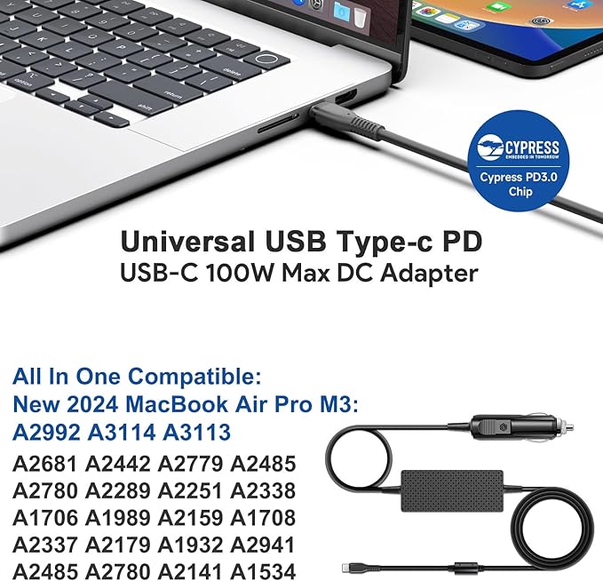 HKY Laptop Car Charger USB C PD 100W 95W 90W 65W 45W DC Adapter for Lenovo Thinkpad/Yoga/IdeaPad,Dell Latitude/XPS,LG Gram,MacBook Pro/Air,HP Spectre/Elitebook,Surface,Acer,Asus,MSI,Chromebook Charger