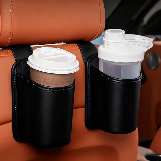 2-Pack Cup Holders for Car Seat Back Premium Nappa Leather Organizer with Drink Holders Easy Install for Families & Road Trips (Orange)