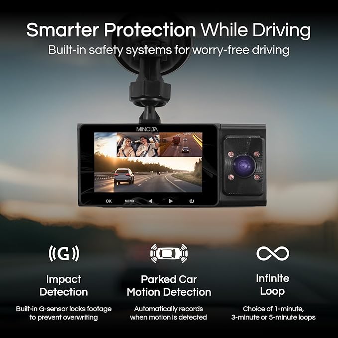 Minolta Dash Camera – 3-Channel 1080P Car DVR with Rear & Interior Cam, Night Vision, 3.0” LCD Screen, G-Sensor, Loop Recording, Parking Monitor, Motion Detection, 32GB Card (Blue)