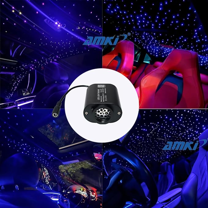 AMKI Mini 6W Starlight Headliner Kit 500pcs 0.03in 9.8ft,Twinkle+Sound Activated Fiber Optic Light 4Lamp Beam Starlight Box APP/Remote Control for Car Home Star Ceiling Decoration