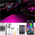Car Interior Strip Lights, 6 in 1 Multicolor RGB Car Footwell Ambient Lighting Kit, 8m Fiber Optic EL Neon Tube Light, DIY Mode Music Sync RF Remote Control + APP Control DC 12V