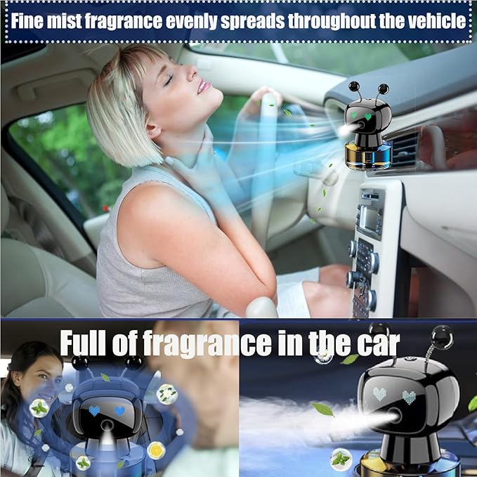 Robot Intelligent Aromatherapy Machine, Smart Cute Robot Car Air Freshener - Fine Spray/Fillable/Four-Gear Adjustment/Vibration Sensing/On-Off/Large Capacity Long-Lasting Fragrance/Black-V2(Cologne)