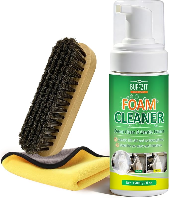 Car Interior Foam Cleaner, All-in-One Kit with Soft Brush & Microfiber Towel, Deep Clean Seats, Carpet & Upholstery, No-Rinse, Safe on Leather, Fabric, Vinyl & Plastic, 150ml (5oz)