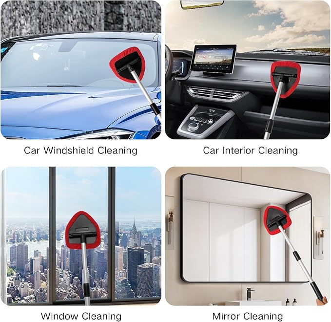 Qydipclin 11pcs Windshield Cleaner Tool, Car Window Cleaning Wash Kit with 6 Reusable Microfiber Pads 2 Spray Bottles and Extendable Handles Auto Glass Wiper Kit, Red