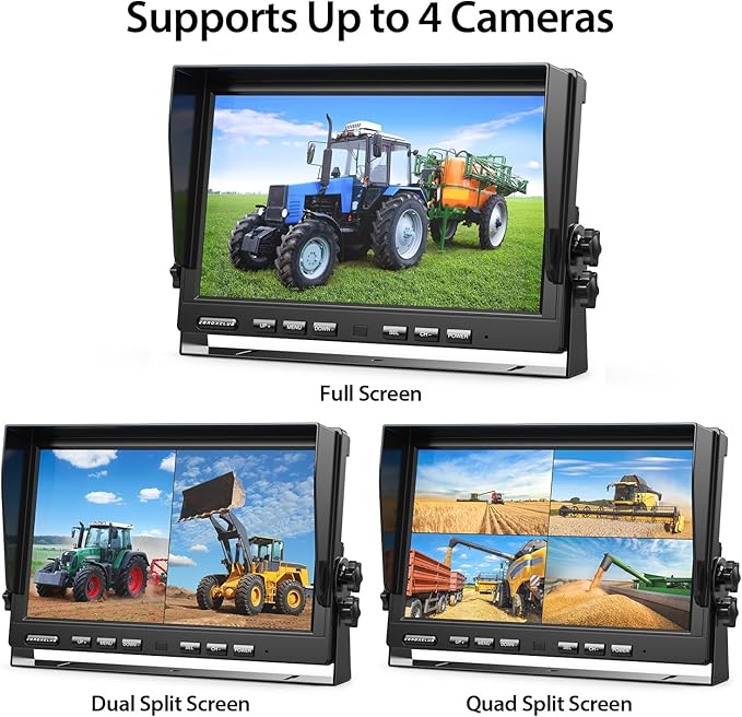 ZEROXCLUB 2 Wired Rear View Backup Camera System, 10" 1080P Monitor IP69K Waterproof Vibration-Proof 10G Reverse Camera, Quad Split Screen for Tractor, Truck, Trailer, Combine, Heavy Equipment, BH102