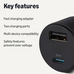 Amazon Basics Fast-Charging Car Charger, Dual-Port, 1 USB-C + 1 USB-A, 48W, Black
