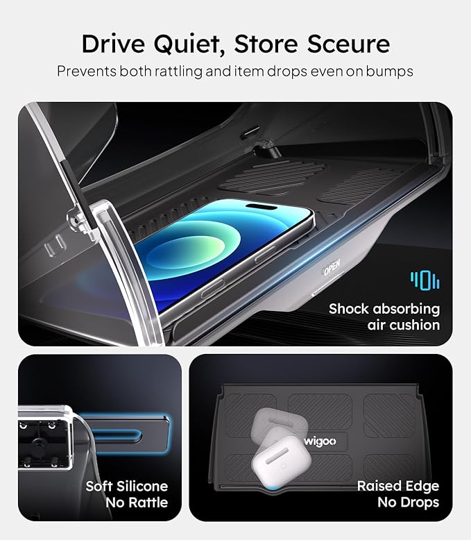 Wigoo Under Screen Organizer for Model Y 2019~2026, Including Model Y Juniper 2025~2026 (Standard, Premium & Performance), Concealed Center Console Organizer Tray, Quick & Stable Installation