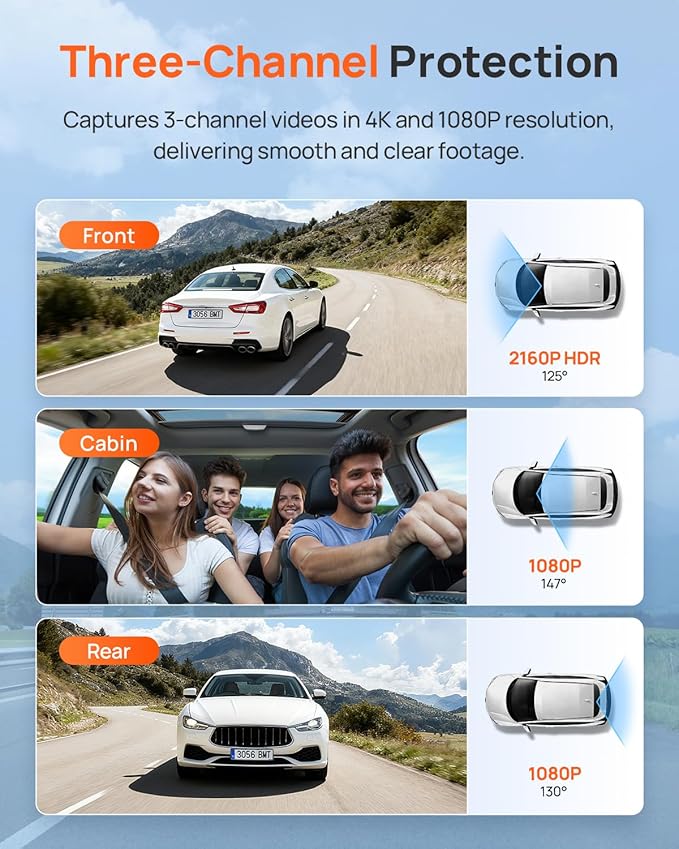 70mai 4K Dash Cam Front and Rear Inside, 3 Channel Car Dash Camera for Cars, Dashcam with GPS, Wi-Fi 6, Voice Control, Parking Monitor, Night Vision, Loop Recording, 64GB SD Card Included (T800E)