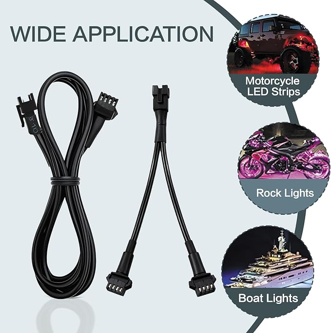 Rock Light Extension Wires 4 Pin and 2-Way Splitters 8 PCS 60 inch, Pure Copper Insulated Cable Cord Set for Motorcycle ATV Trike Golf Car Truck Neon Underglow Strip Lights