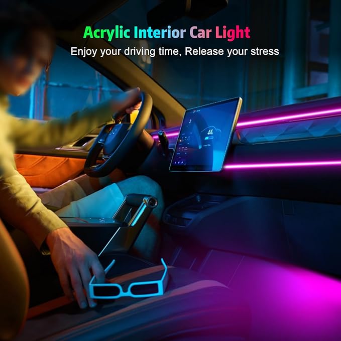 Interior Car LED Strip Lights, AMKI Acrylic LED Lights RGB 10 in 1 with Wireless APP Control Music Sync, Car Ambient Lighting Kits, Music Sync & DIY Function