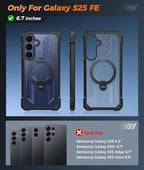 FNTCASE for Samsung Galaxy S25-FE Case: with [Magnetic Ring Kickstand] [Screen Protector] [Compatible with MagSafe] [Military-Grade Drop Protection] Heavy Duty Full Body Cover Translucent Black