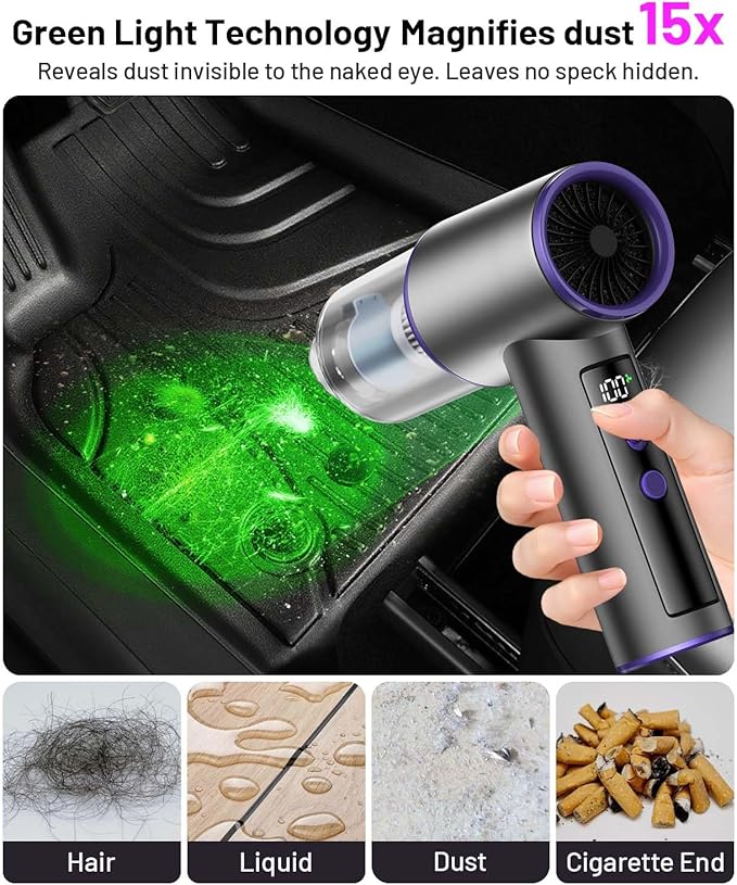 PHIXBEAR Upgrade 4in1 Greenlight Dust Detection Technology Cordless Car Vacuum Cleaner, High Power 15000PA Handheld Vacuum Portable with LED Display, Multi-Nozzles for Car, Home,Office,Camping