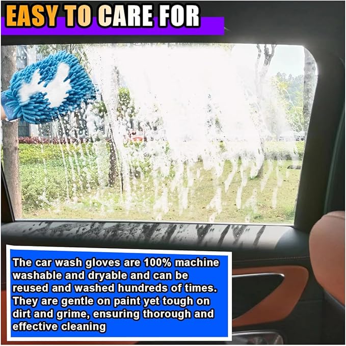 JOYCOURT 2PCS Microfiber Soft Chenille Car Wash Mitts, Scratch and Lint Free Car Dusting Glove, Double Sided Wash Mitt, Ultra Absorbent for Car Washing, Home Cleaning Mitt (Blue&Yellow)
