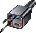 4 in 1 Retractable Car Charger,69W USB-C Fast Car Charger, for iPhone 17/16/15/14/13/12/11, Android,Pixel,Cigarette Lighter Charger (for Apple+Type C &RGB [Black])