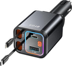 4 in 1 Retractable Car Charger,69W USB-C Fast Car Charger, for iPhone 17/16/15/14/13/12/11, Android,Pixel,Cigarette Lighter Charger (for Apple+Type C &RGB [Black])