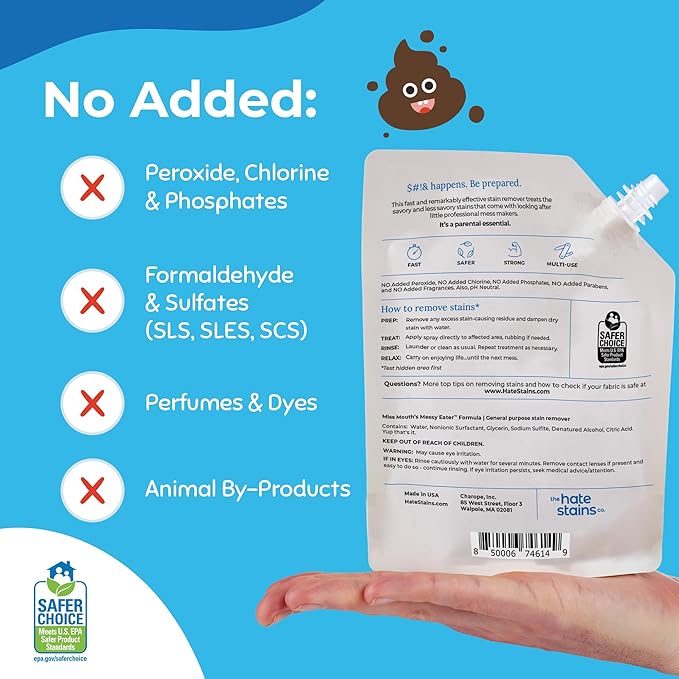 Miss Mouth’s Messy Eater Stain Treater Refill Ready Kit - 2 Pack Stain Remover Spray and 16oz Refill Pouch - Newborn & Baby Essentials - Food, Grease, Coffee Off Laundry, Underwear, Fabric