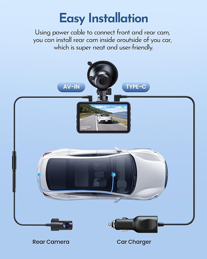PGYIOO！Dash Cam, 4K Dash Cam Front and 2.5K Rear, Dash Camera for Cars with APP, 3" IPS Display Car Camera, 175°+160°Wide Angle, Night Vision, 24H Parking Mode, Loop Recording, 32GB Card