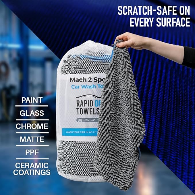 Rapid Dry Towels Mach 2 Speed Car Wash Towel | 60 x 30 cm | Chenille Microfiber Car Wash Cloth | 7X Larger Than Wash Mitt | Ultra Absorbent, Scratch-Free, Auto Detailing Towel for Cars SUVs Trucks