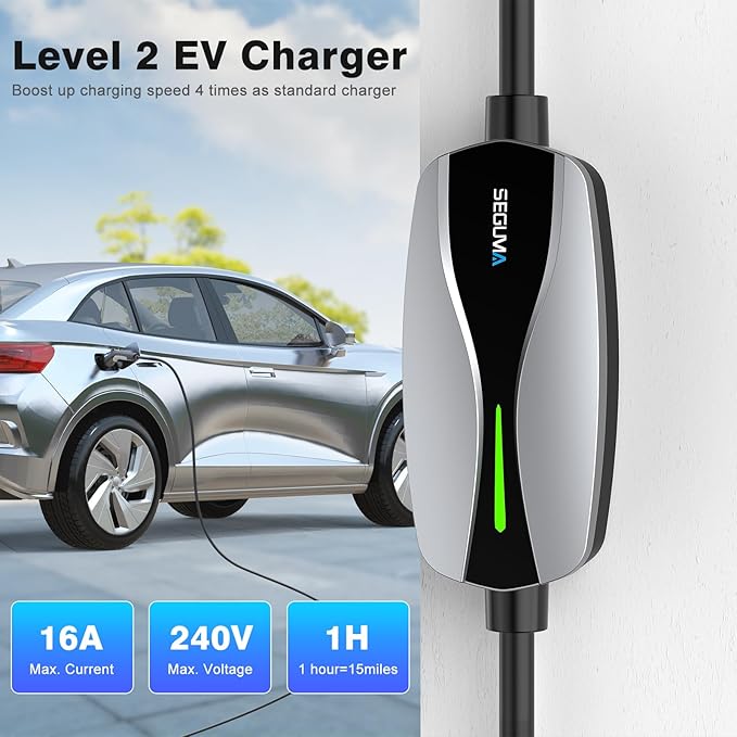 SEGUMA Level 1/2 EV Charger, 16Amp Electric Car Charger 25FT Cable with NEMA 6-20 Plug and NEMA 5-15 Adapter, Home Mobile EV Charging Station for J1772 BEVs/PHEVs 110V-240V(Silver)