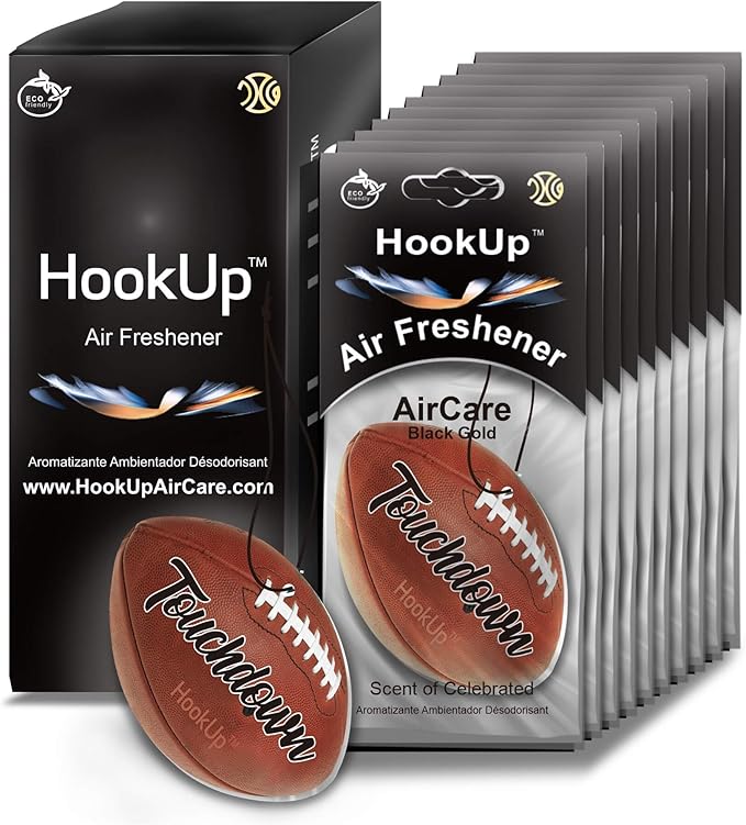 Football Car Air Freshener by HookUp - 10 Pack - Black Gold Scent (Extra Strong) | Unique Football Gift for Players, Coach, Fans | Hanging Car Accessory with Long Lasting Fresheners Smell
