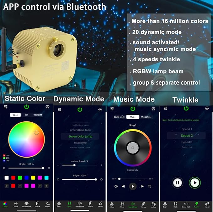 AZIMOM Bluetooth Control 16W Twinkle Fiber Optic Lights Star Ceiling Lighting Kits 450pcs0.03in 9.8ft Fiber Strands RGBW Music Mode Light Engine for Home Indoor Car Interior Decoration