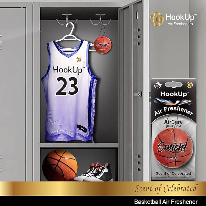 Basketball Car Air Freshener by HookUp - 50 Pack - Black Gold Scent (Extra Strong) | Unique Basketball Gift for Players, Coach, Fans | Hanging Car Accessory with Long Lasting Fresheners Smell