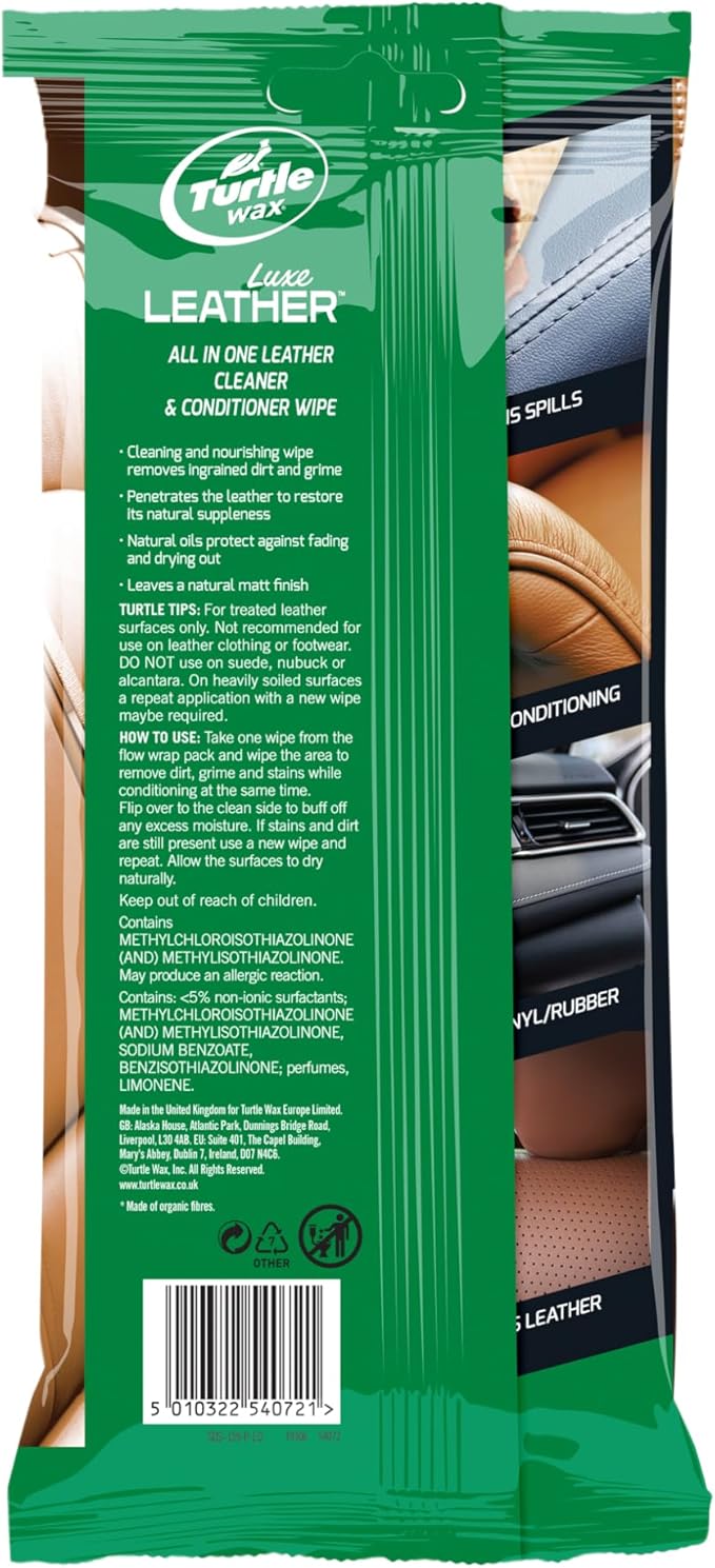 Turtle Wax Luxe Leather Wipes - Car Interior Cleaner, Quick 1-Step Solution - Clean, Condition & Protect Leather, Vinyl & Rubber - Non-Greasy Formula Removes Dirt & Grime