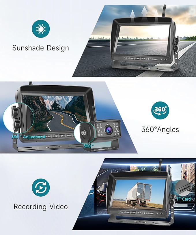 RV Wireless Backup Camera, 7" IPS Monitor +AHD Rear View Camera,Support Up to 4 Cameras DVR Image Flip, Wireless Back Up Camera 12V-36V for Truck/Trailer/RV/Camper/Excavator/Caravan