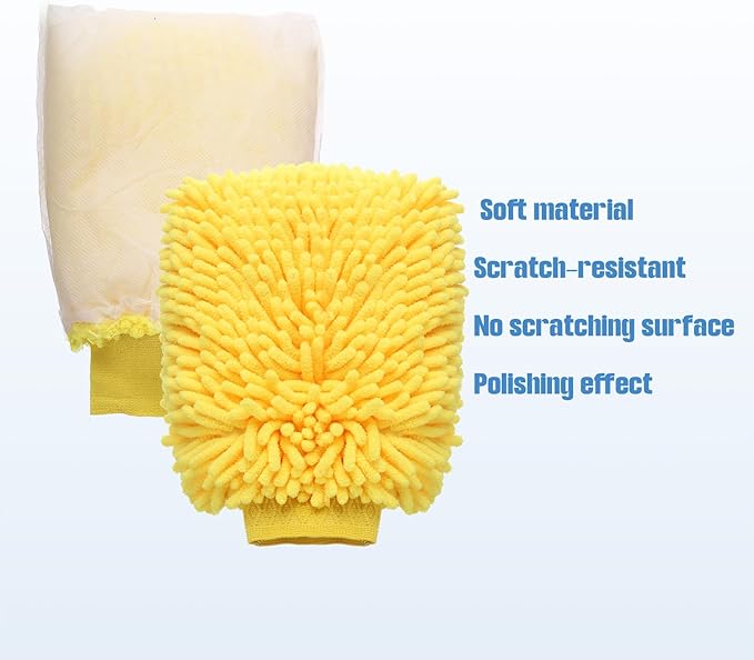 HARFINGTON 4pcs Chenille Microfiber Car Wash Mitts 9" x 5.5" Scratch Free Wash Gloves Absorbent Double Sided Plush Cleaning Drying Mitts for Car Washing Home Clean Blue Yellow