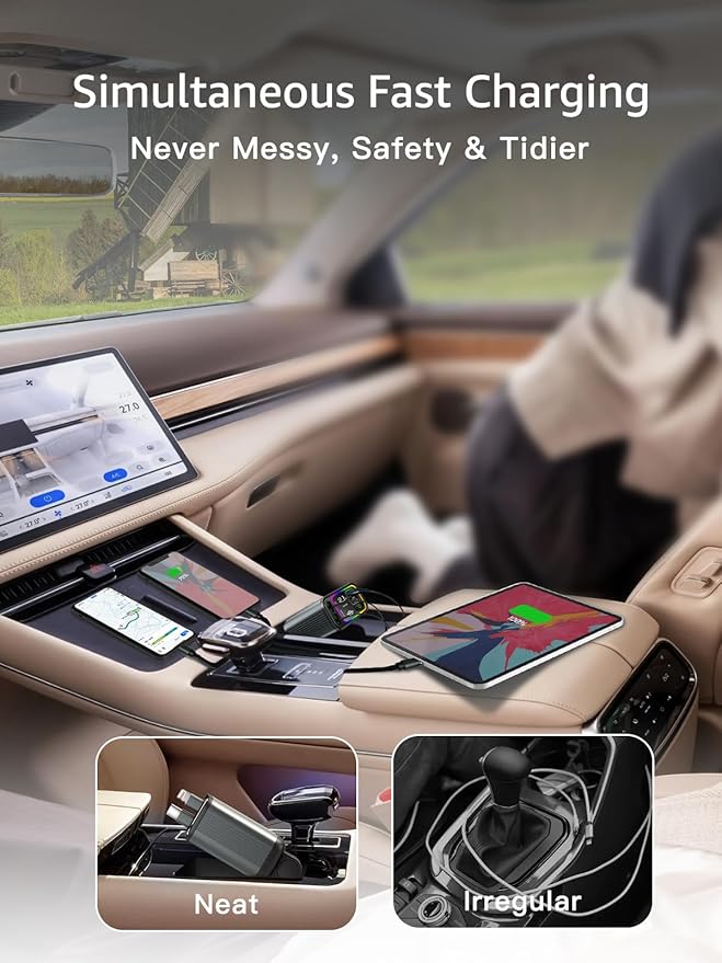 Retractable Car Charger USB C,107W Type C Car Charger Fast Charging with Dual Retractable Cable and USB Ports for iPhone 17/16/15,S25/24/23/22, Pixel 9/8/7(Build-in USB-C & Lightning Cable)