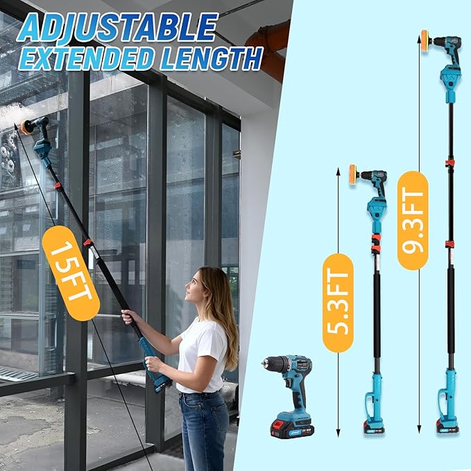Cordless Telescoping Power Drill&Cleaning Tools with 1-Max 20V Battery and 2.0A Charger.2-in-1 Cordless Pole Drill and Cleaning Brush with 10Pcs Drill Bits and 7Pcs Drill Brush(Jovant)