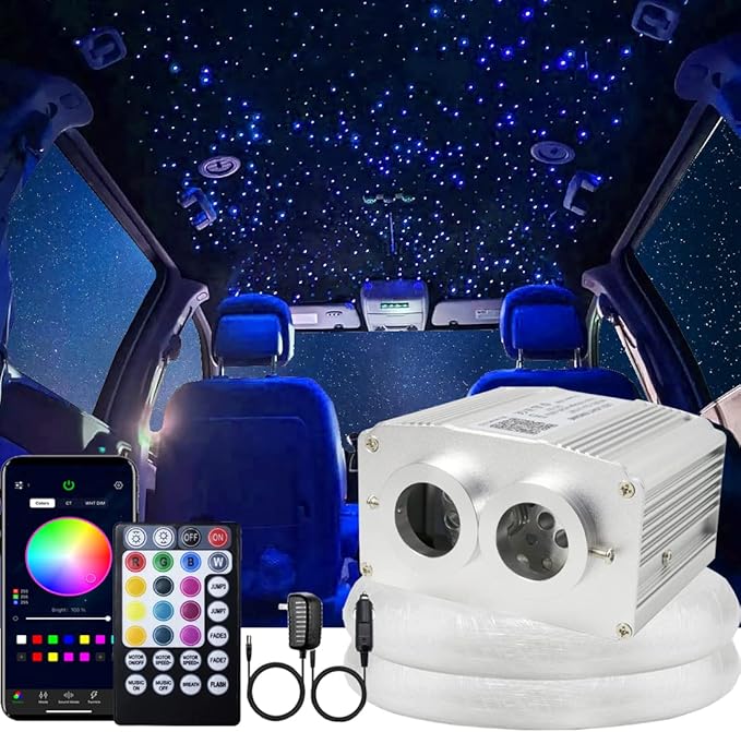 AZIMOM Dual Port 16W Twinkle Bluetooth Fiber Optic Lights Star Ceiling Light Kits Mixed860pcs*13.1ft Fibers Strands Sound Activated RGBW APP/Remote Light Engine for Car Home Starlight Headliner Decor