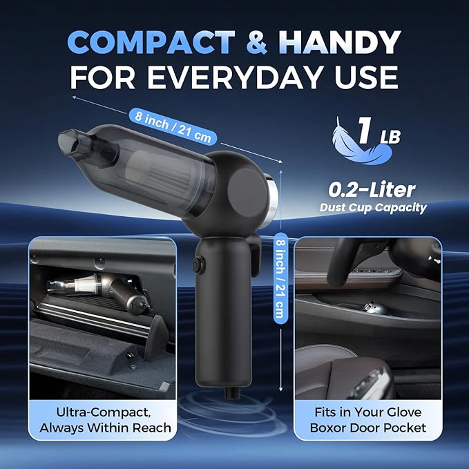 Handheld Car Vacuum Cleaner, 6 in 1 Multi-function Cordless Small Vacuum, 17000PA Adjustable Portable with Brushless Motor for Inflation, Dust Blowing, Suction for Car, Home, Office– All in One