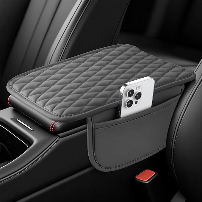 Amiss Car Center Console Cover, Upgraded Leather Car Armrest Cushion with 2 Storage Pockets, Universal Waterproof Cushion Pad, Non-Slip Car Interior Accessories, Fits Most Sedans SUVs Trucks (Gray)
