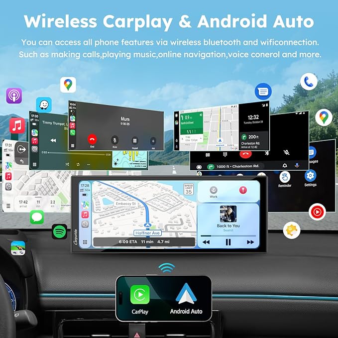 CARPURIDE W125S 11.26 Inch HD Wireless Carplay & Android Auto Screen, 4K +1080P+1080P Dash Camera for Cars with 64GB Card, with Loop Recording, Bluetooth, Voice Control, GPS, FM, Super Link